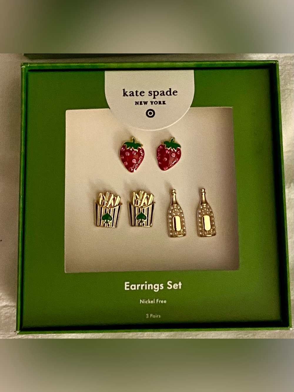 kate spade Earring Set 3 pair Gift Box Strawberry, French Fries, Bubbly